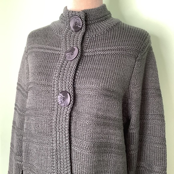 LH Sport Oversized Snap Button Cable Knit Sweater Cardigan Mock Neck Gunmetal - Picture 2 of 12